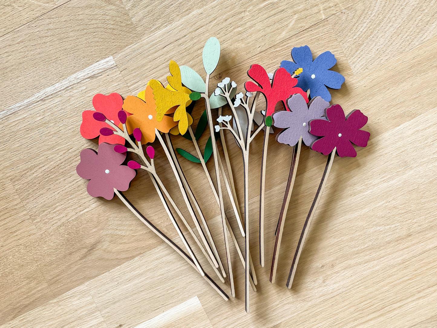 Mini Individual Wooden Flower Stems - Hand Painted Floral Bouquet