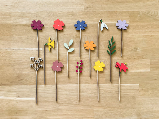 Mini Individual Wooden Flower Stems - Hand Painted Floral Bouquet