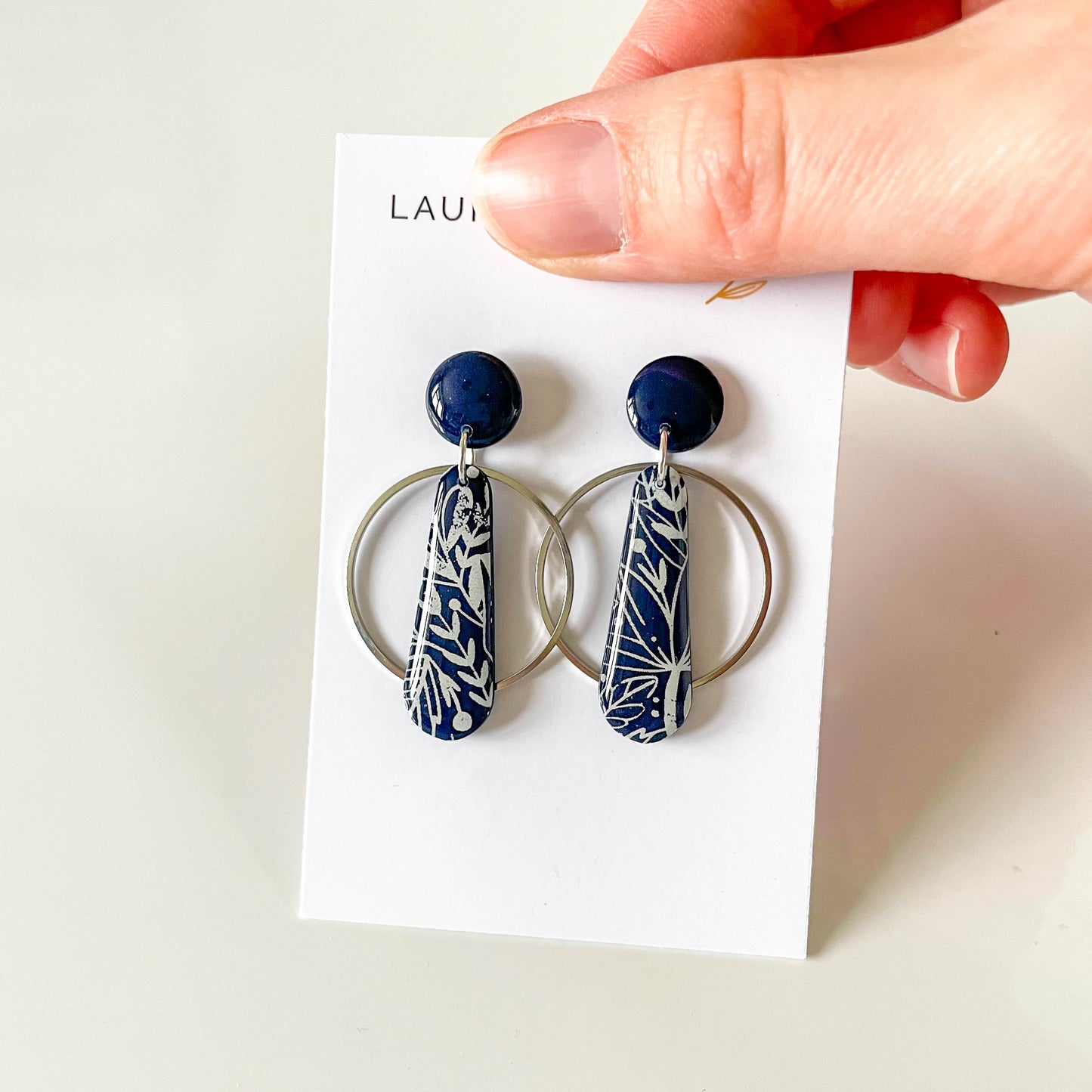 Navy Floral Large Circle Earrings