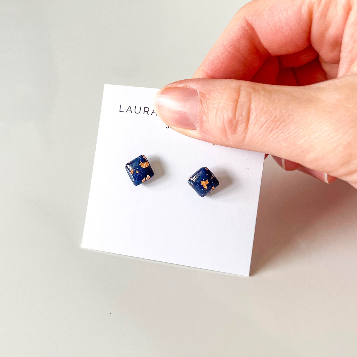 Square Navy and Copper Leaf Stud Earrings