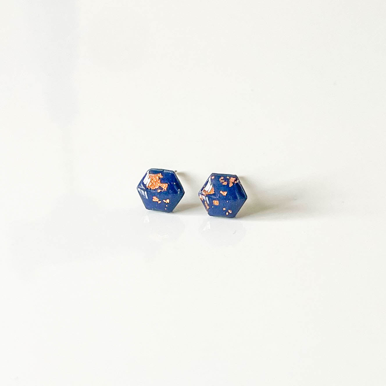 Navy Blue and Copper Leaf Hexagon Stud Earrings