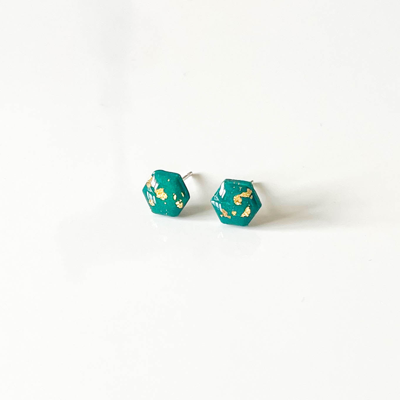 Green and Gold Leaf Hexagon Stud Earrings