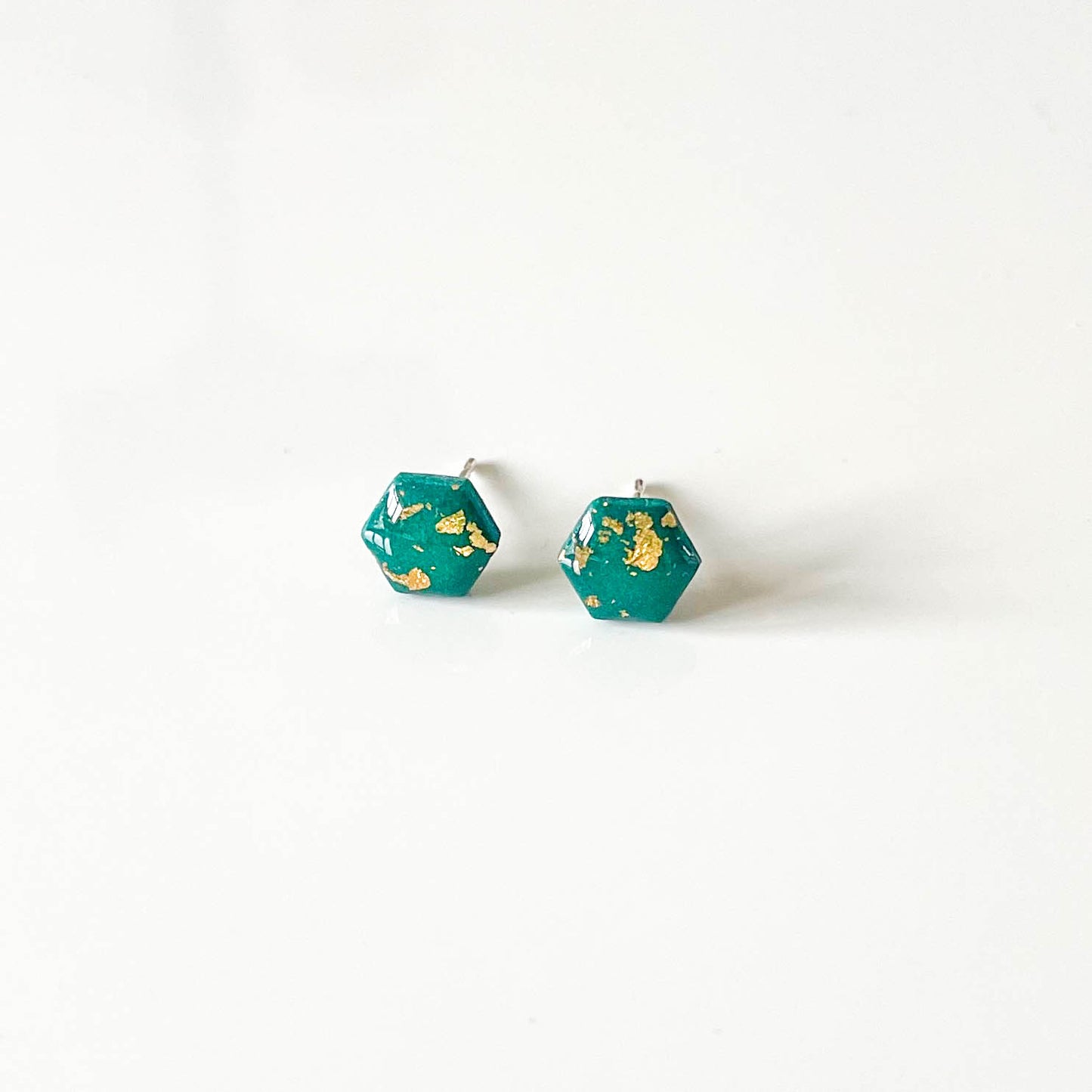 Green and Gold Leaf Hexagon Stud Earrings
