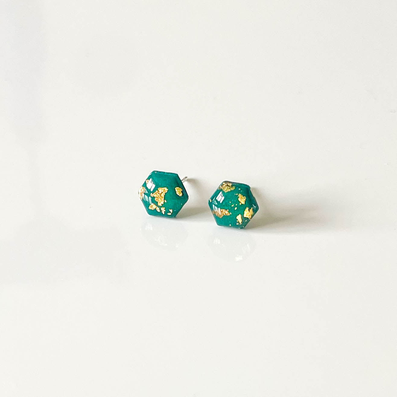 Green and Gold Leaf Hexagon Stud Earrings