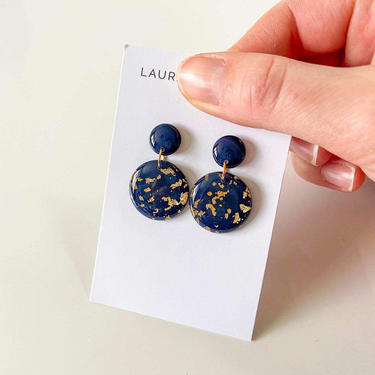 Navy and Gold Leaf Circle Earrings