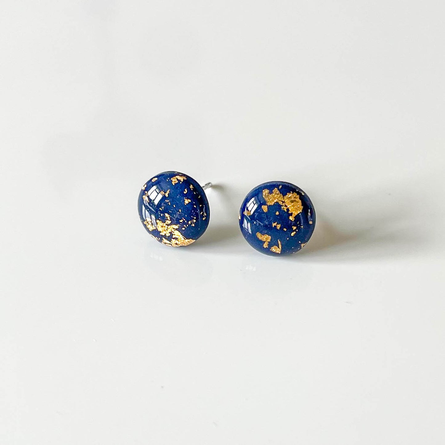Navy Blue and Gold Leaf Stud Earrings