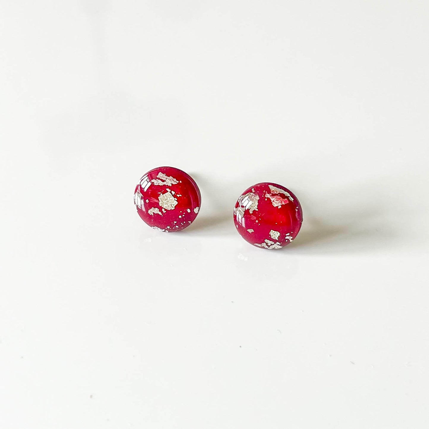 Dark Red and Silver Leaf Stud Earrings