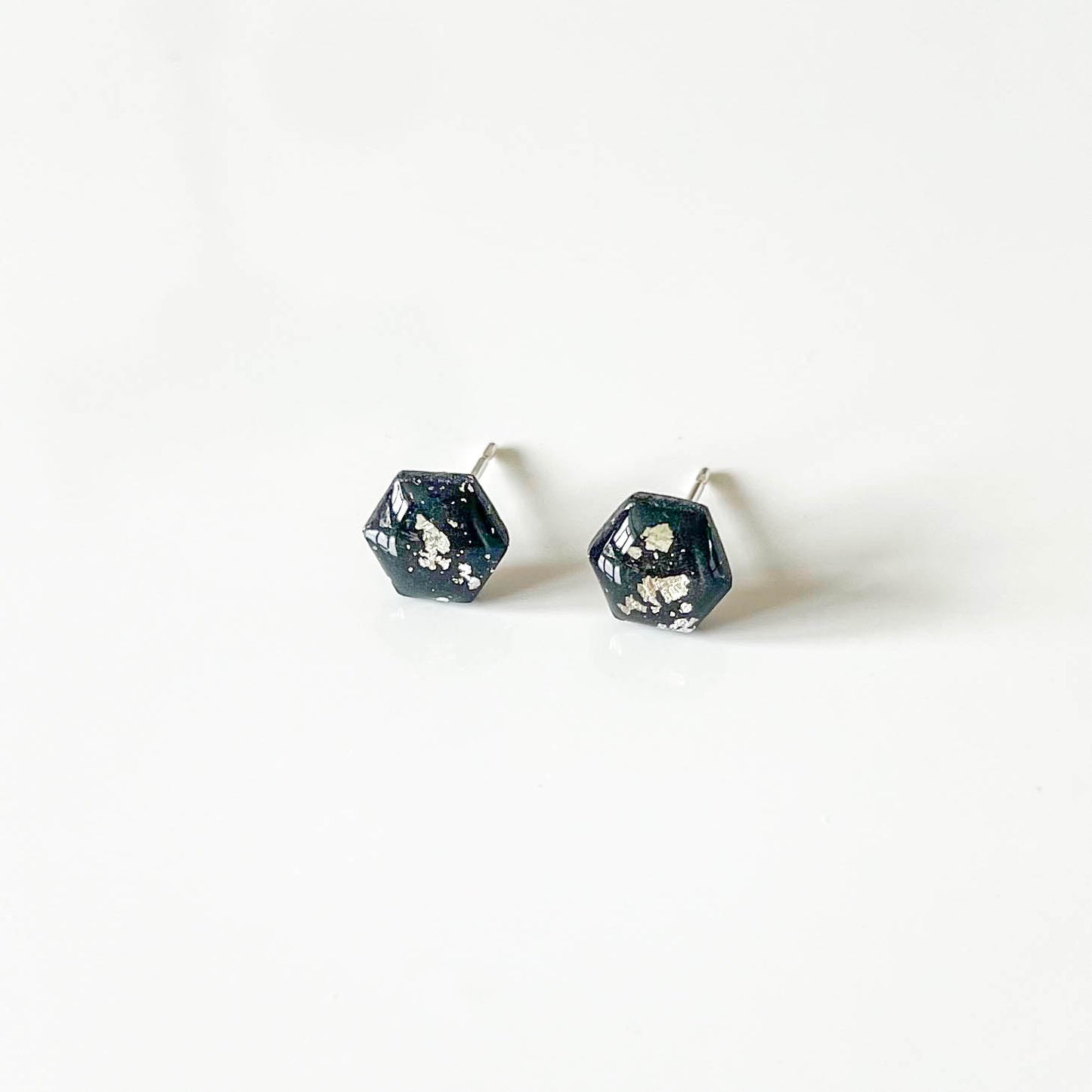 Black and Silver Leaf Hexagon Stud Earrings
