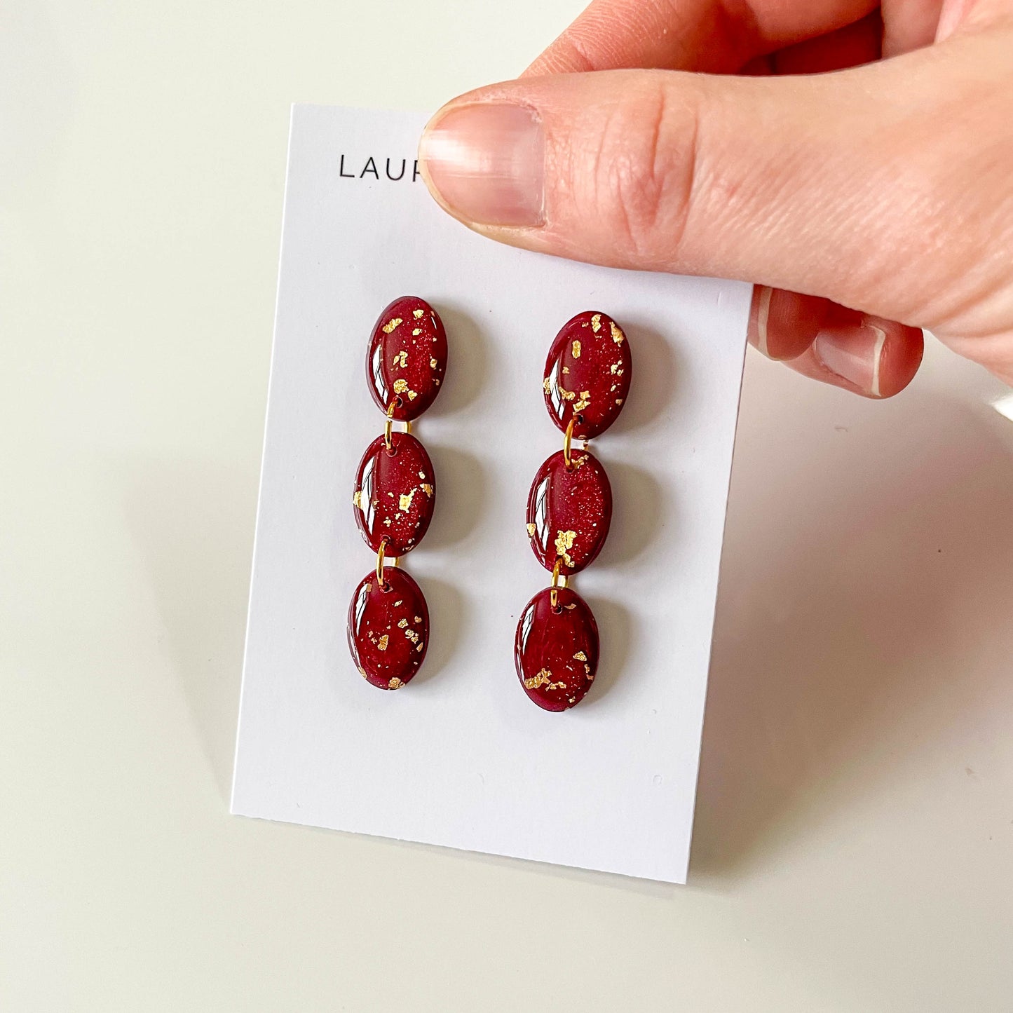Red and Gold Leaf Triple Oval Hanging Earrings