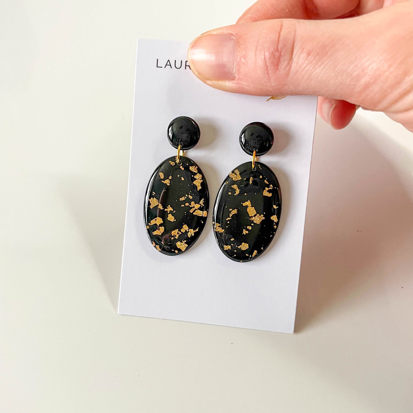 Black and Gold Leaf Large Oval Earrings