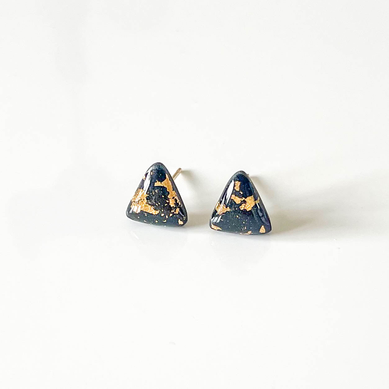 Triangle Black and Gold Leaf Stud Earrings