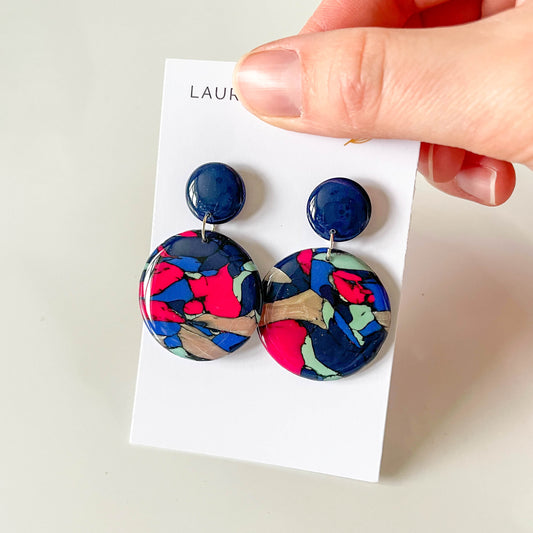 Navy Marble Large Circle Earrings