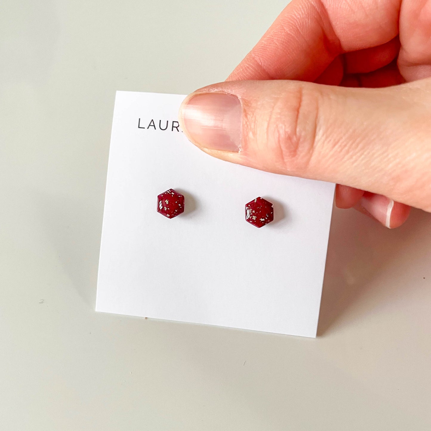 Red and Silver Leaf Hexagon Stud Earrings