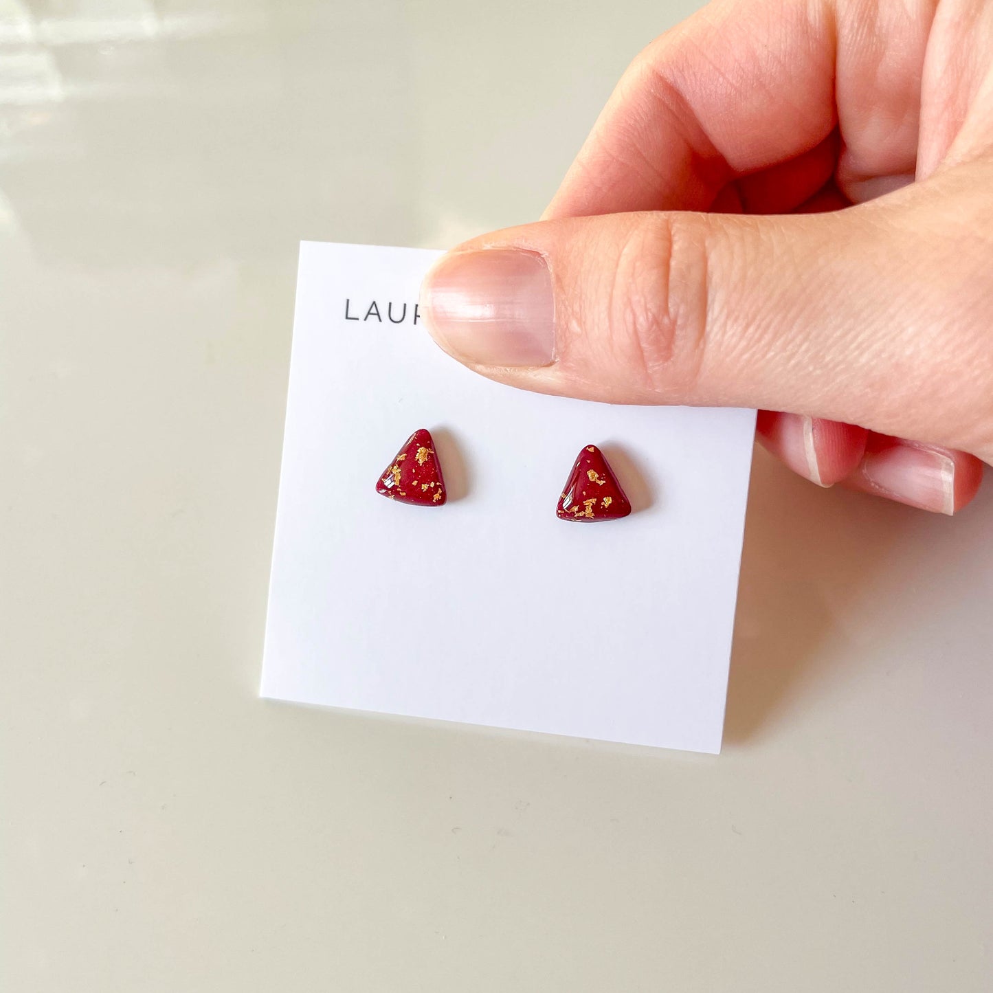 Triangle Red and Gold Leaf Stud Earrings