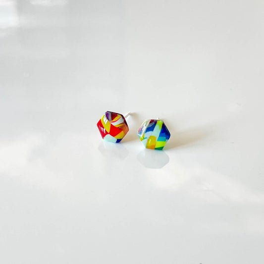 Multi Coloured Hexagon Stud Earrings