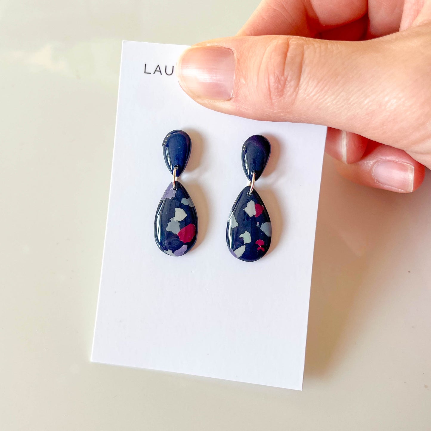 Navy Terrazzo Teardrop Earrings
