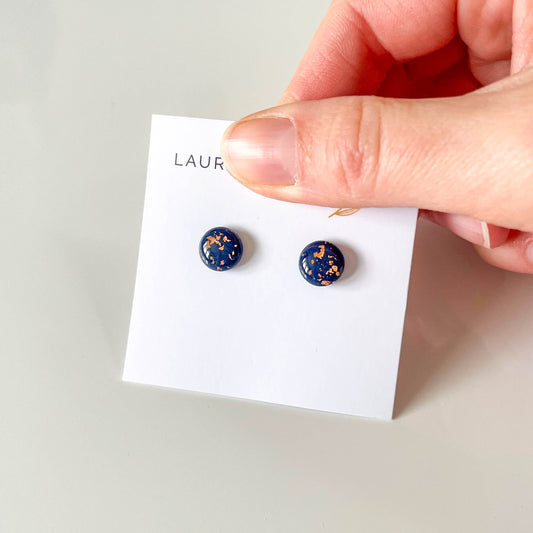 Navy and Copper Leaf Stud Earrings