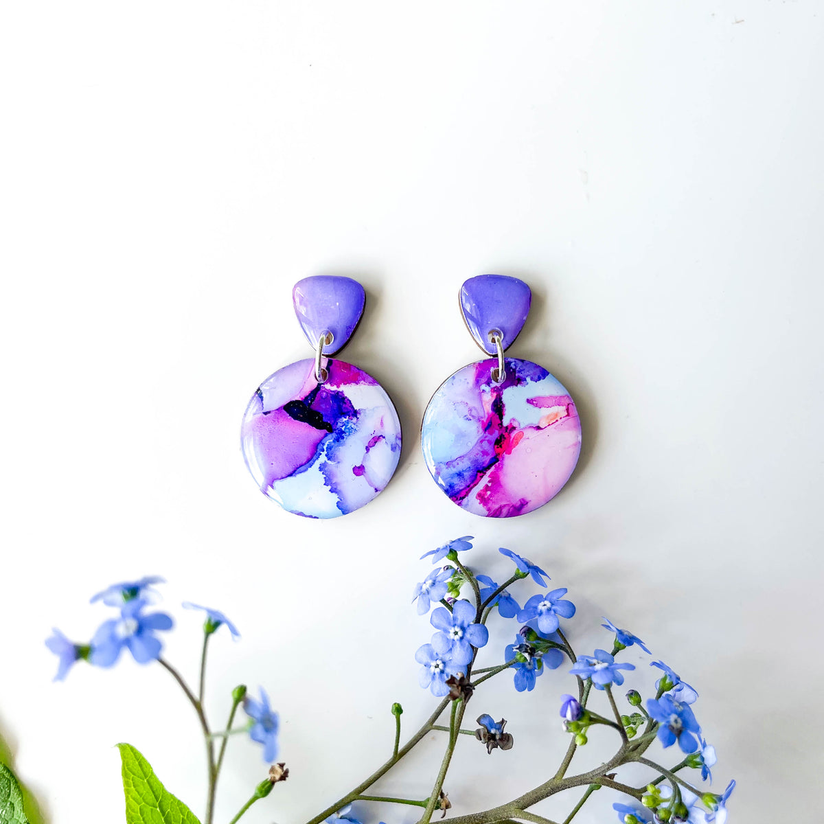 Circle Drop Earrings - Purple Mix - Alcohol Ink - END OF LINE