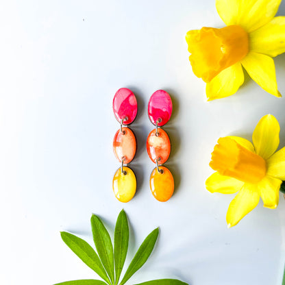Triple Oval Drop Earrings - Orange Mix - Alcohol Ink - END OF LINE