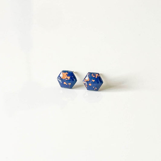 Navy Blue and Copper Leaf Hexagon Stud Earrings