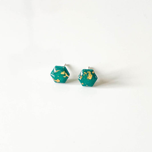 Green and Gold Leaf Hexagon Stud Earrings