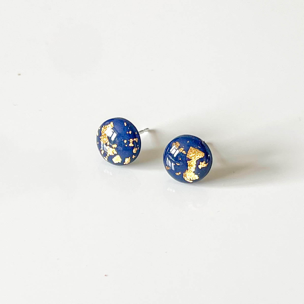 Navy Blue and Gold Leaf Stud Earrings