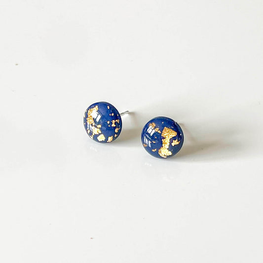Navy Blue and Gold Leaf Stud Earrings