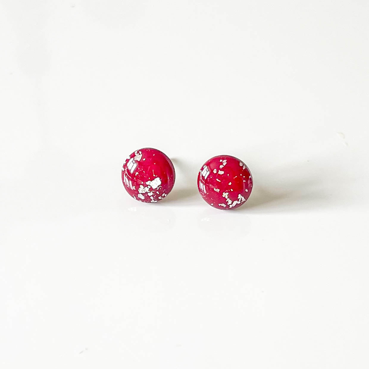 Dark Red and Silver Leaf Stud Earrings