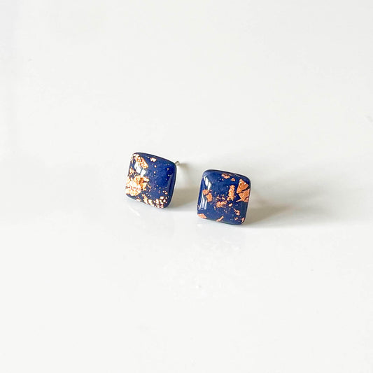 Square Navy and Copper Leaf Stud Earrings