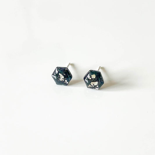 Black and Silver Leaf Hexagon Stud Earrings