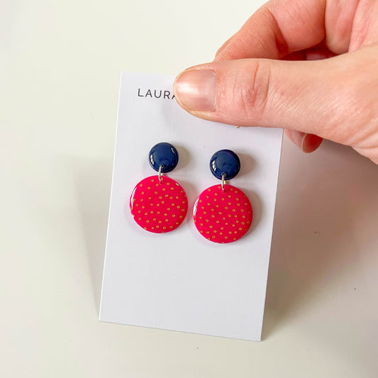 Navy and Pink Polka Dot Circle Earrings