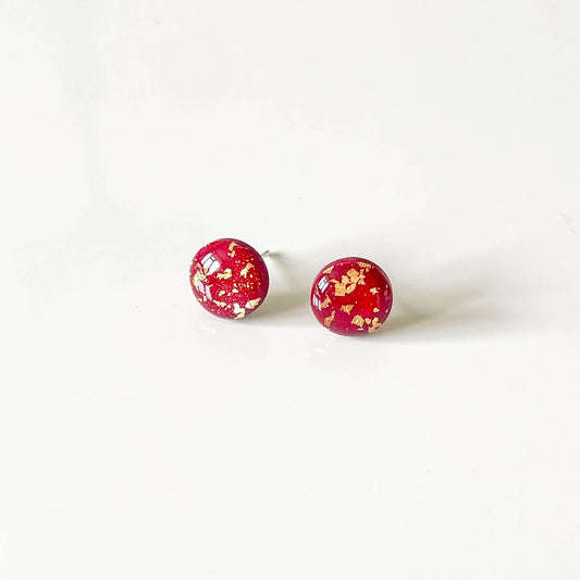 Dark Red and Gold Leaf Stud Earrings