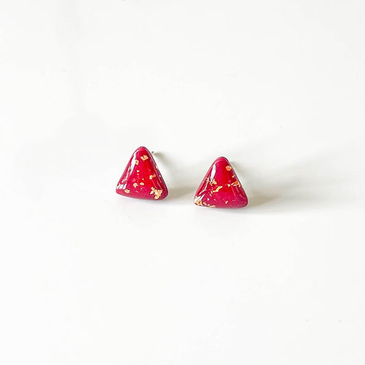 Triangle Red and Gold Leaf Stud Earrings