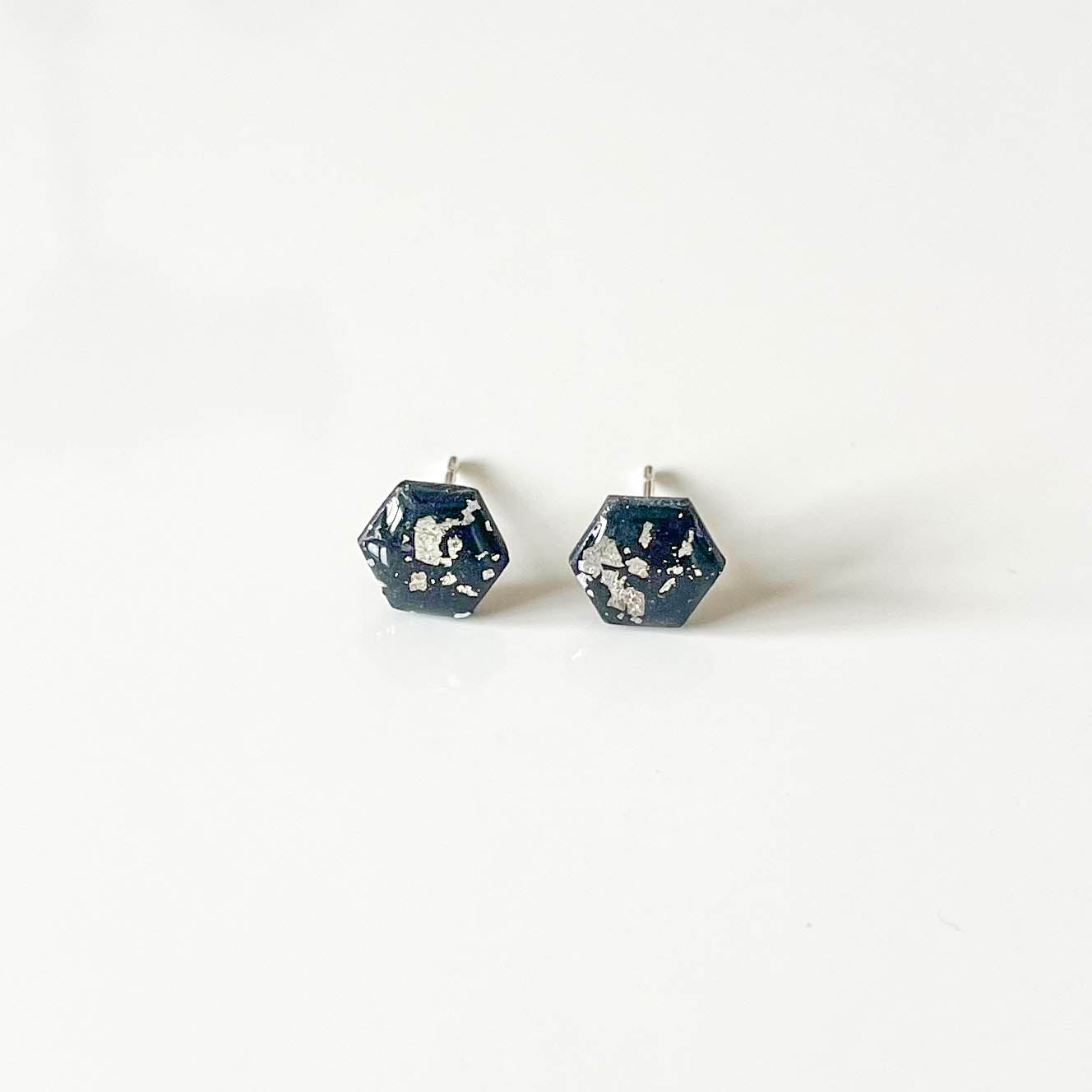 Black and Silver Leaf Hexagon Stud Earrings