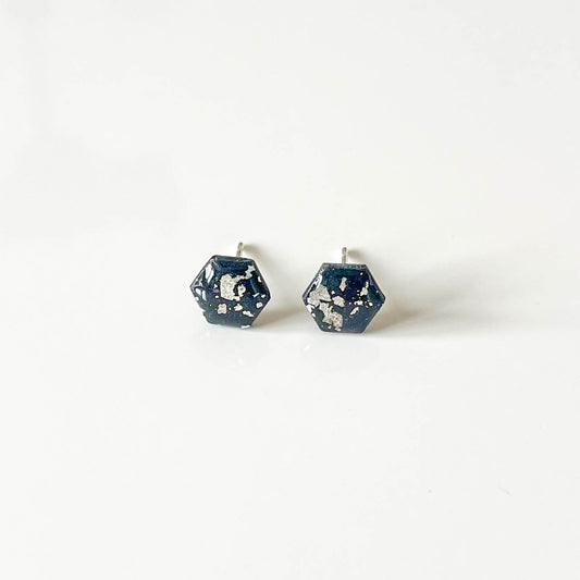 Black and Silver Leaf Hexagon Stud Earrings