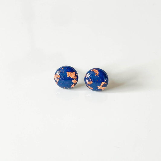 Navy Blue and Copper Leaf Stud Earrings