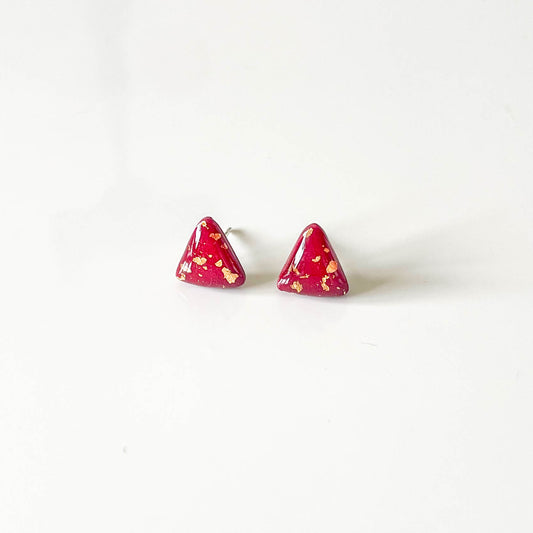 Triangle Red and Gold Leaf Stud Earrings