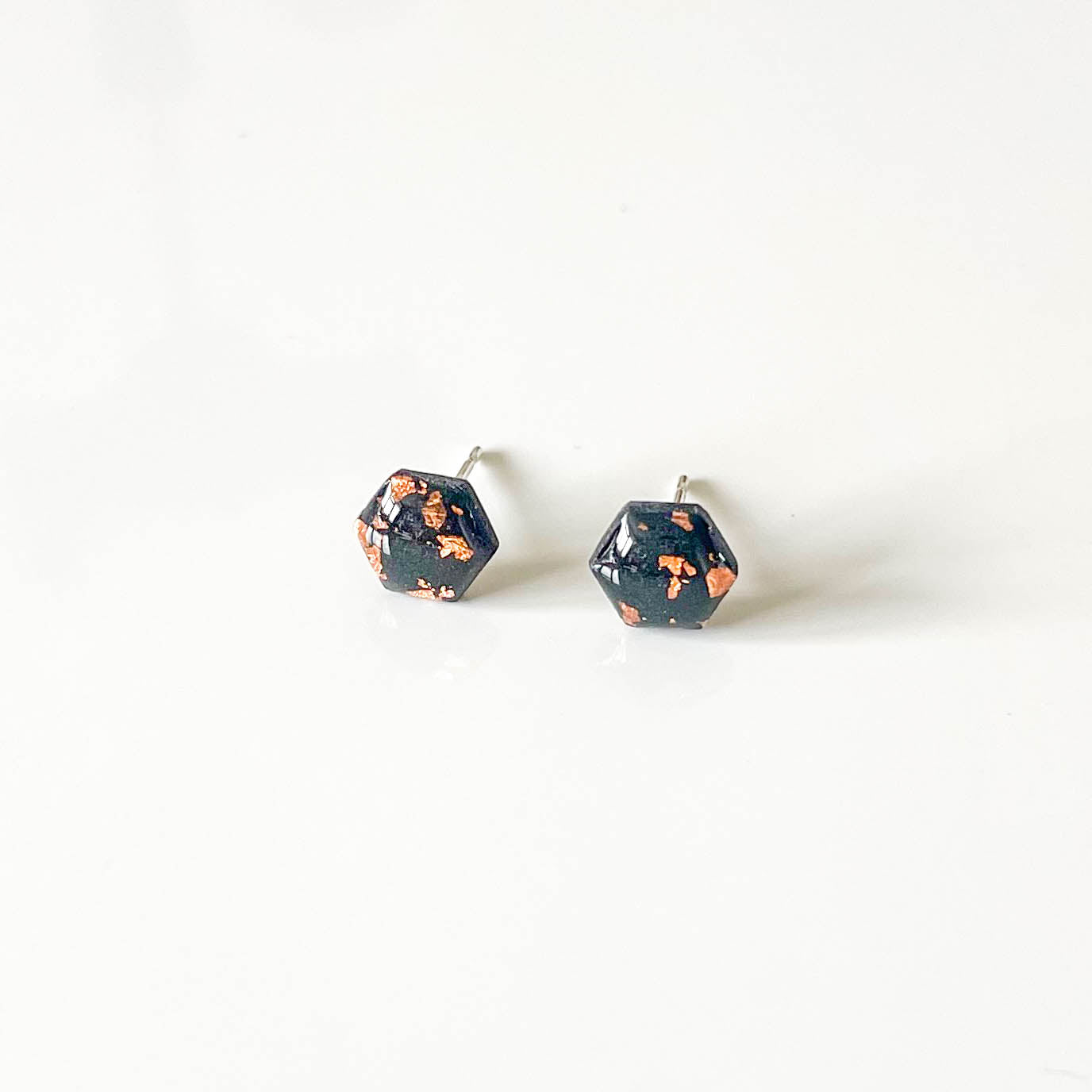 Black and Copper Leaf Hexagon Stud Earrings