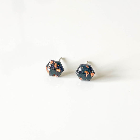 Black and Copper Leaf Hexagon Stud Earrings