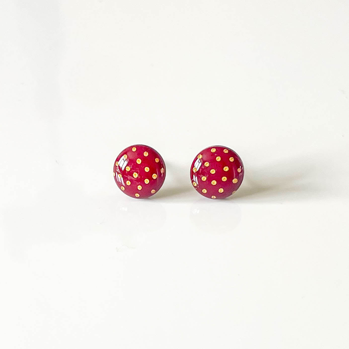 Dark Red and Gold Polka Dot Stud Earrings