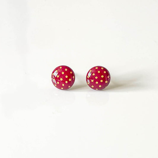 Dark Red and Gold Polka Dot Stud Earrings
