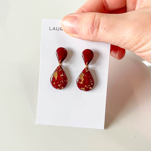 Red and Gold Leaf Teardrop Earrings