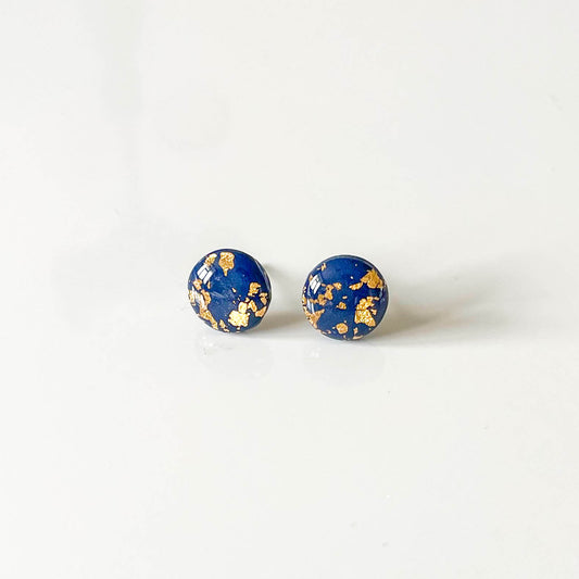 Navy and Gold Leaf Stud Earrings