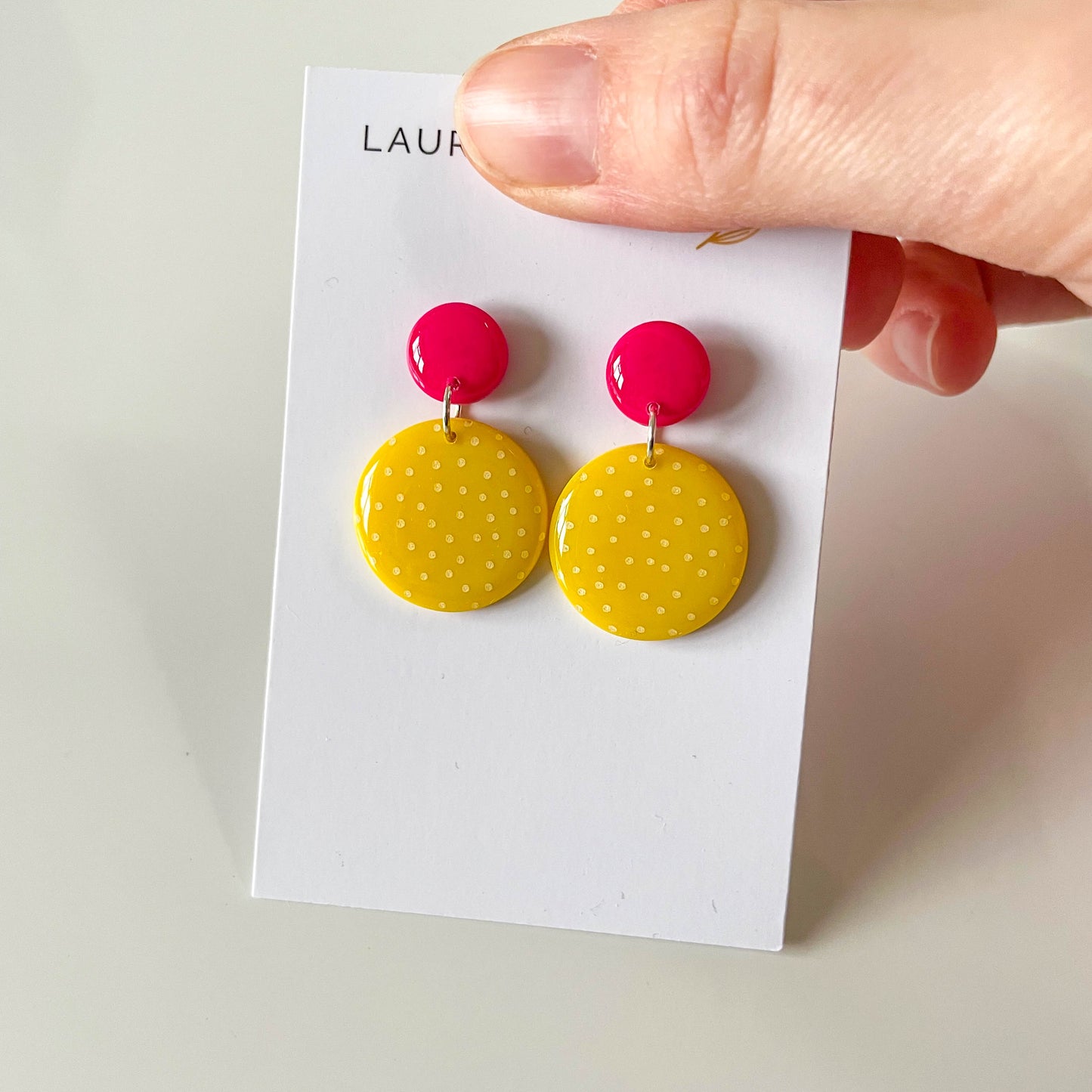 Yellow and Pink Polka Dot Circle Earrings