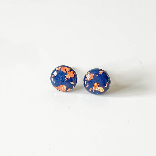 Navy Blue and Copper Leaf Stud Earrings