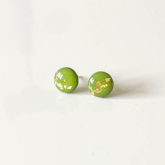 Green and Gold Leaf Stud Earrings