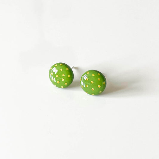 Olive Green and Gold Leaf Stud Earrings