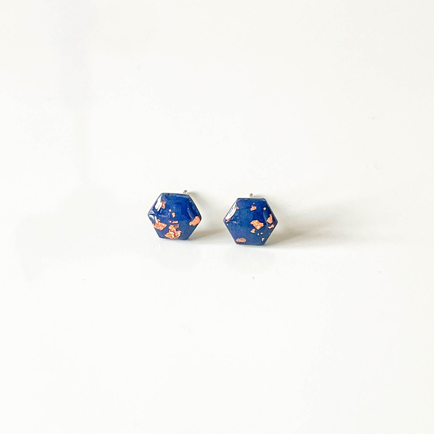Navy Blue and Copper Leaf Hexagon Stud Earrings