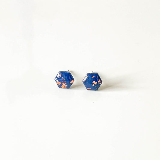 Navy Blue and Copper Leaf Hexagon Stud Earrings