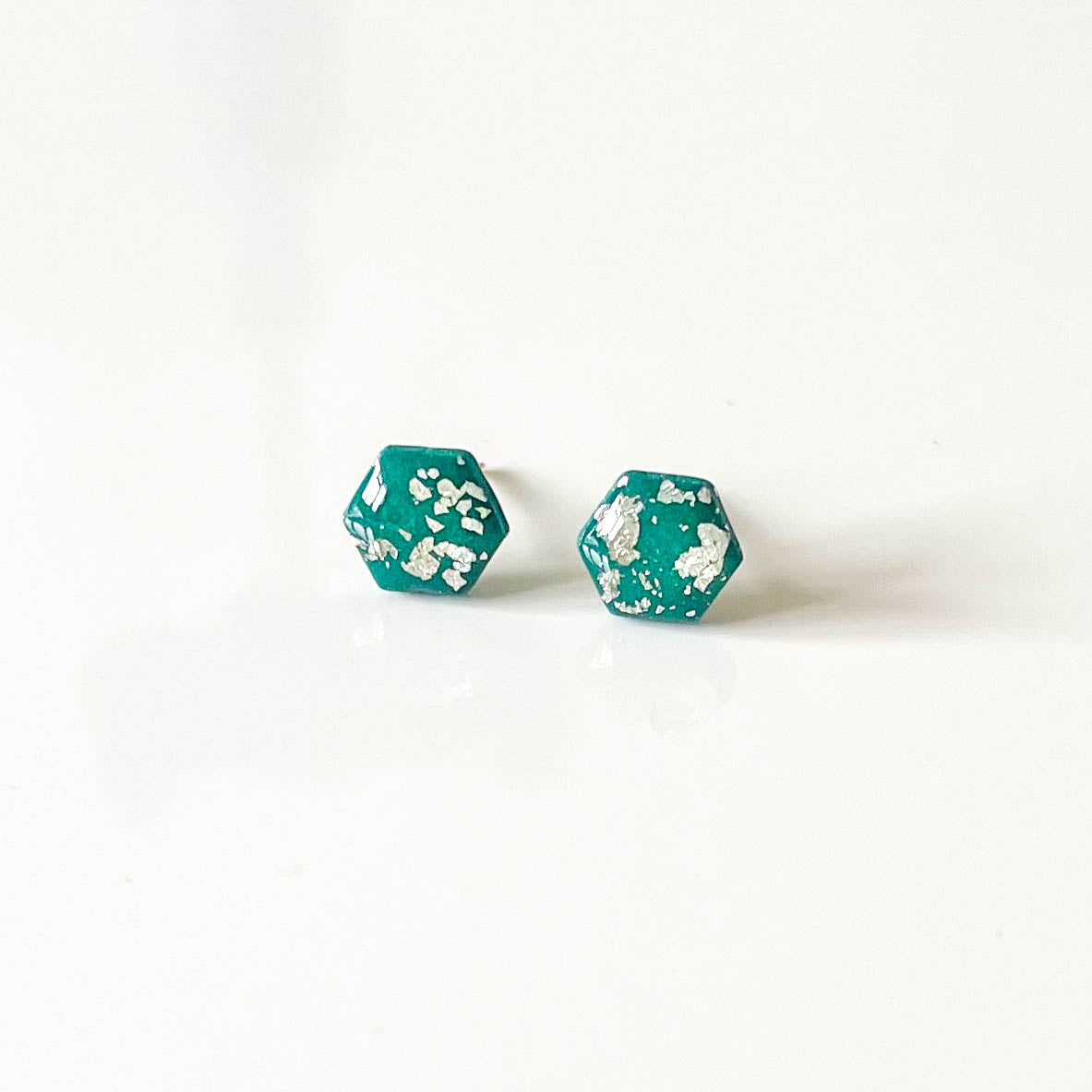 Green and Silver Leaf Hexagon Stud Earrings
